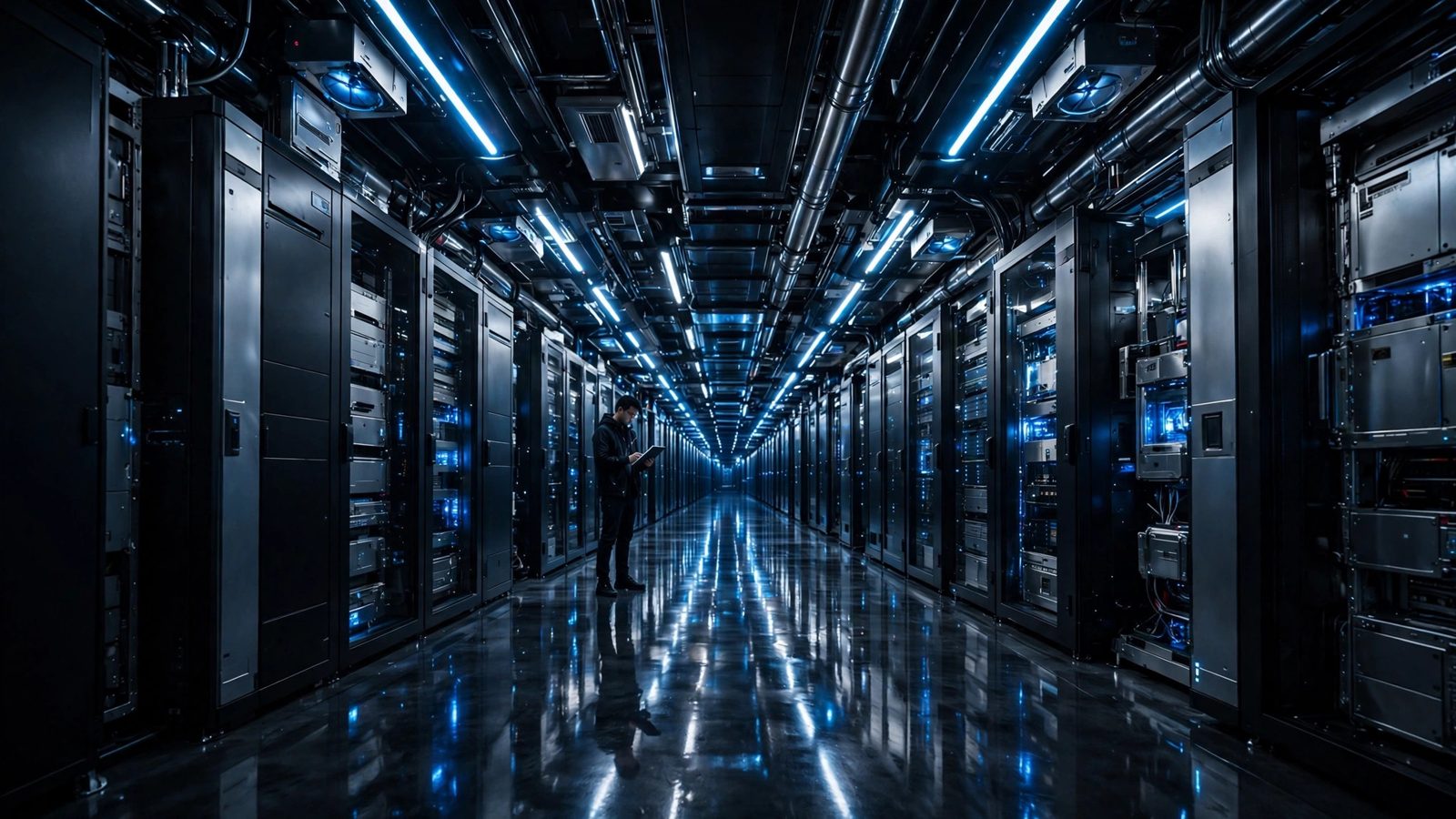 Engineer with a tablet in a blue-lit data centre corridor